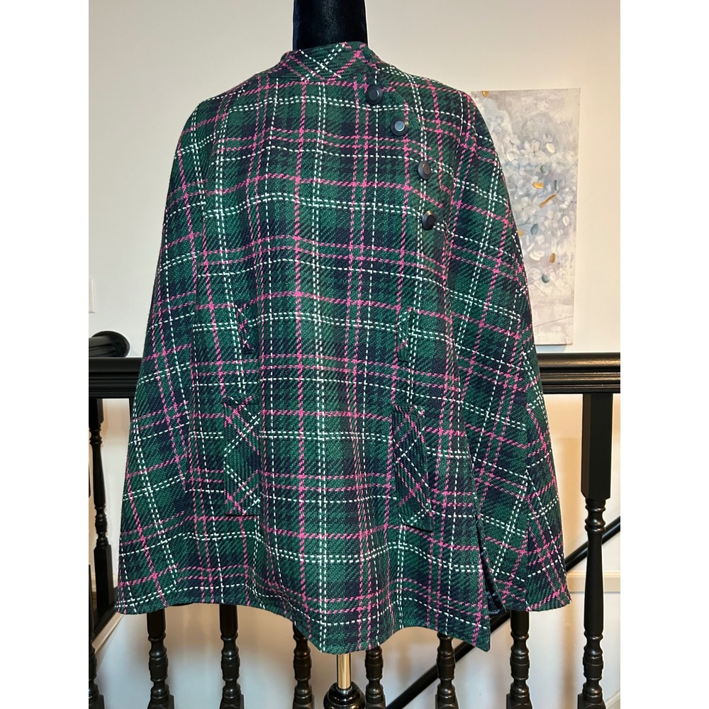 Vintage Joan Rivers Green Pink Plaid Cape Coat Mock Neck Button Front Pockets Sm